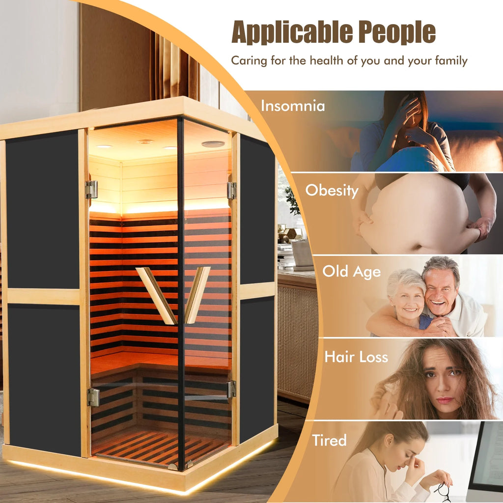Infrared Sauna 1980W Wooden Hemlock Wood Low-EMF Indoor Saunas with APP Control for Two Person H199