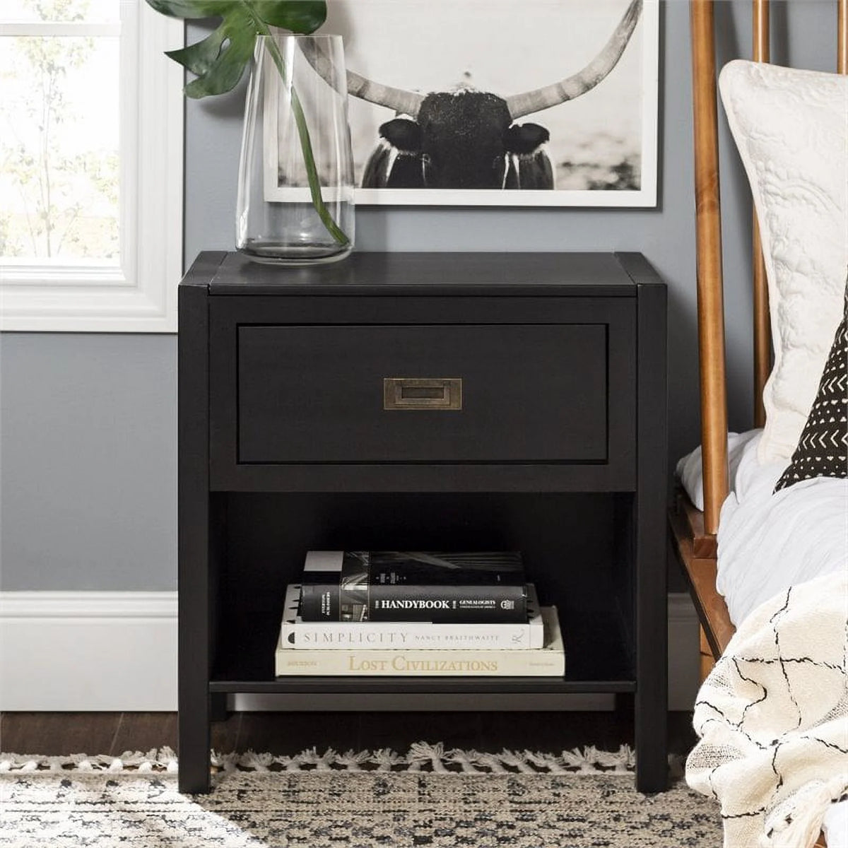 2-Piece 1-Drawer Solid Wood Nightstand Set in Black D80069