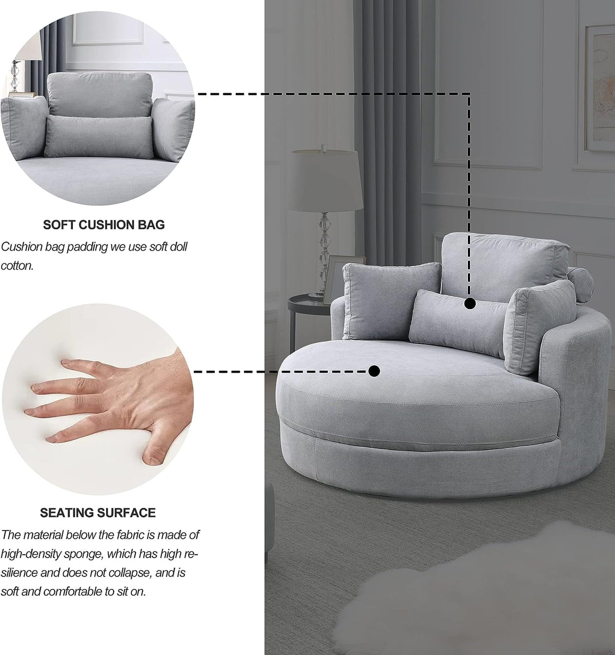 Light Gray Linen Fabric Swivel Chair with Ottoman and 4 Pillows M737899
