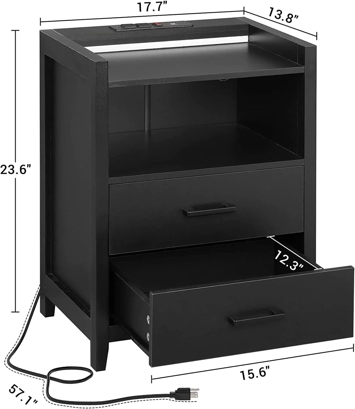 Black 2 Drawer Nightstand with LED Lights and Charging Station V627