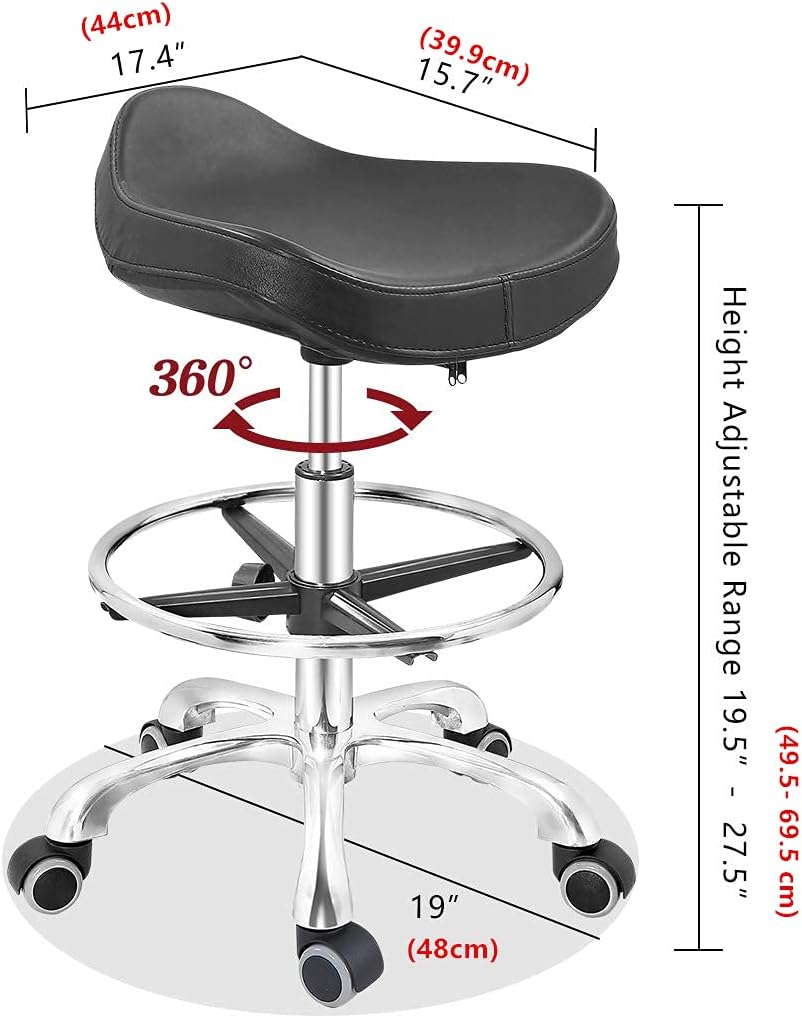 Height Adjustable Rolling Swivel Stool Chair with Ergonomic Seat and Footrest Metal Base (Black, with Caster) X5582