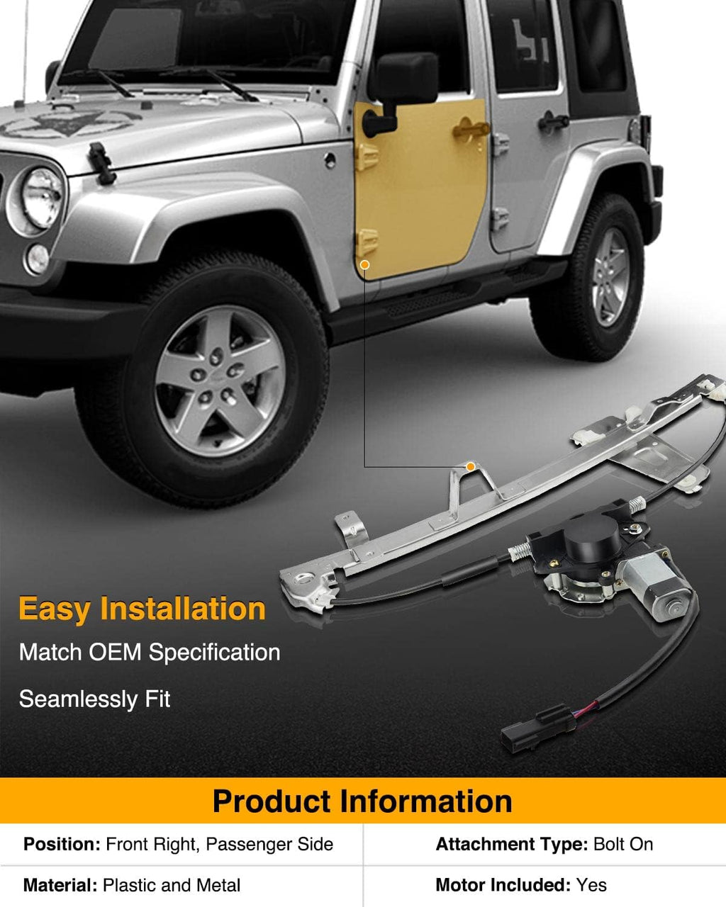 Power Window Regulator with Motor for Jeep Grand Cherokee WJ 2000-2004 Front Right Passenger Side Pack of 2 Q671