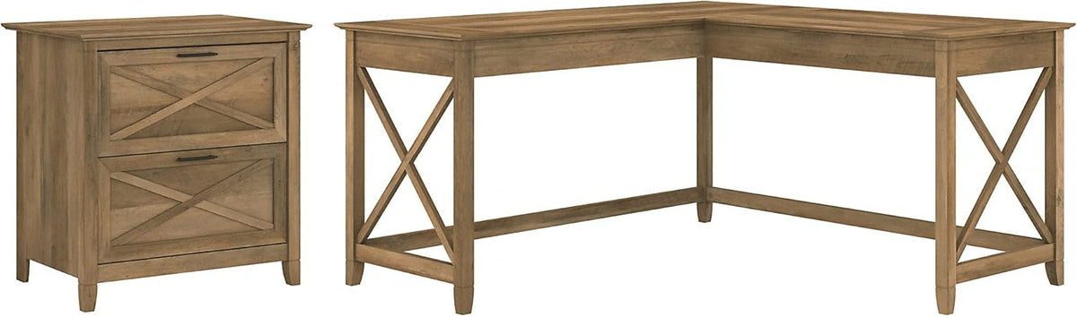 Dark Gray Hickory L Shaped Desk with 2 Drawer Lateral File Cabinet U35950