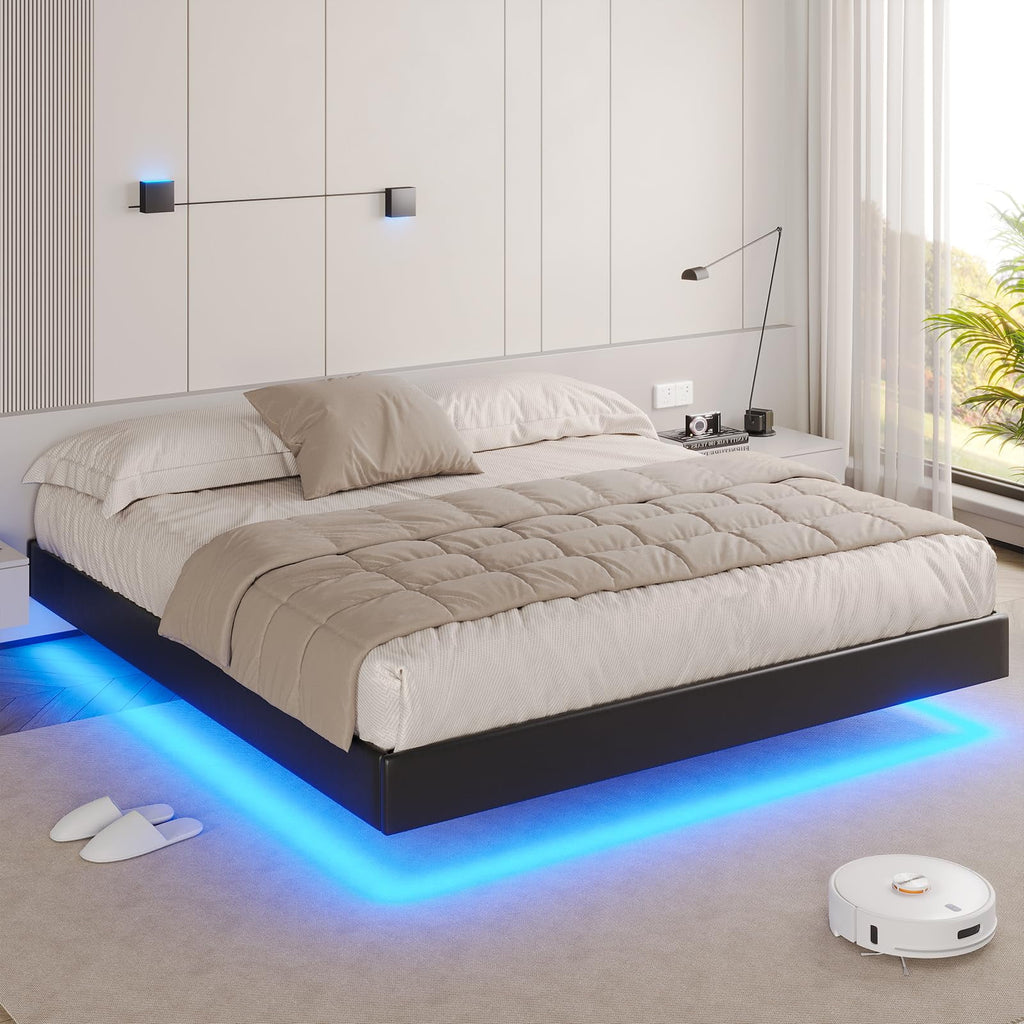 California King Floating LED Faux Leather Upholstered Platform Bed Frame A5324