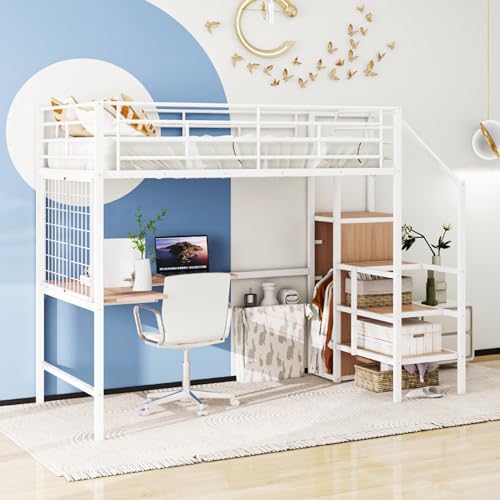 Black Full Size Loft Bed with Desk and Storage Stairs J8731