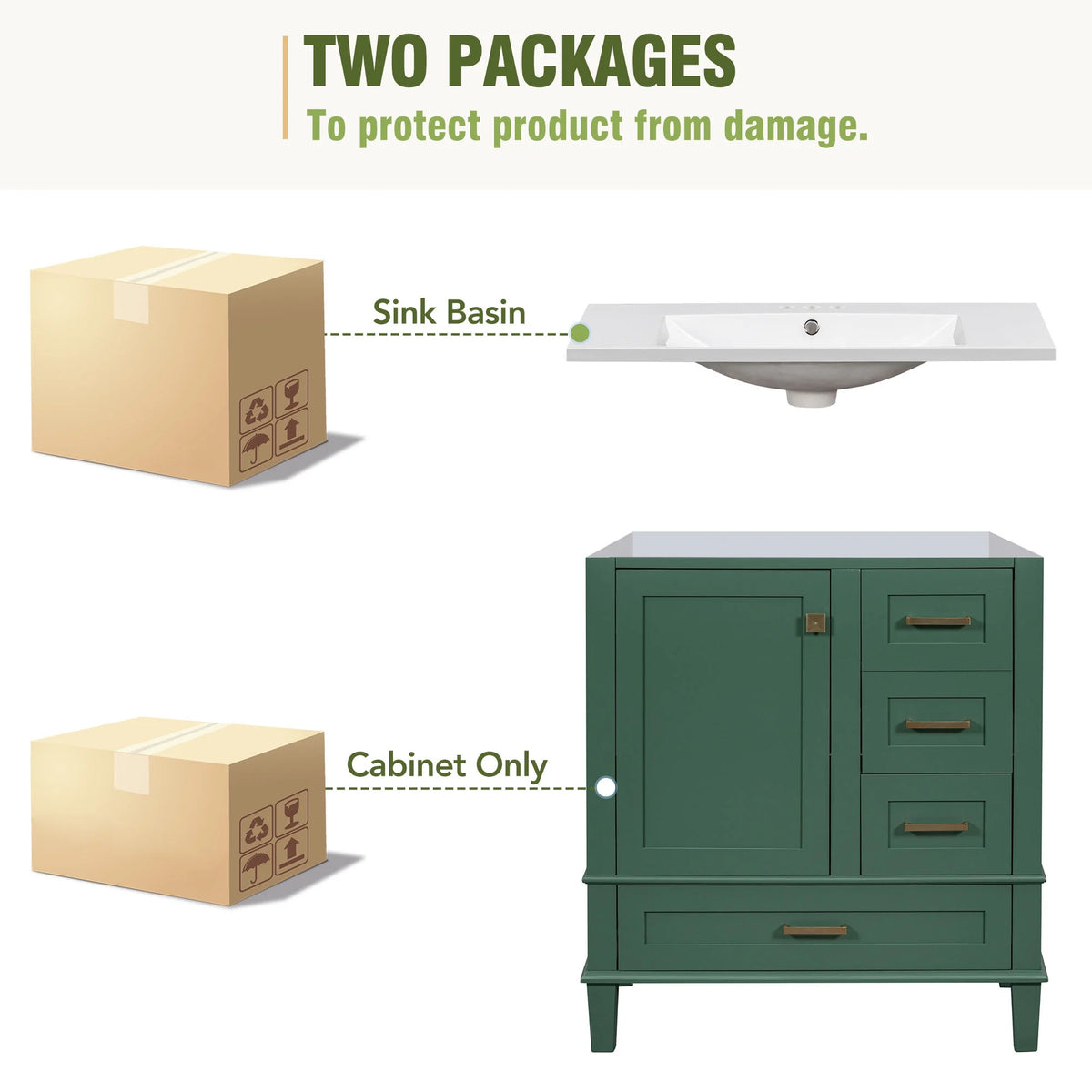30" Green Solid Wood Bathroom Vanity with Top Basin and 3 Drawers E919172