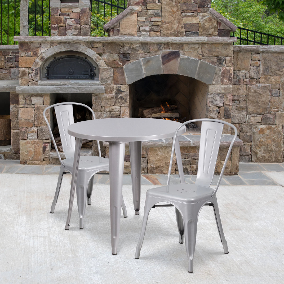 30" Round Silver Metal Indoor-Outdoor Table Set with 2 Cafe Chairs L840243