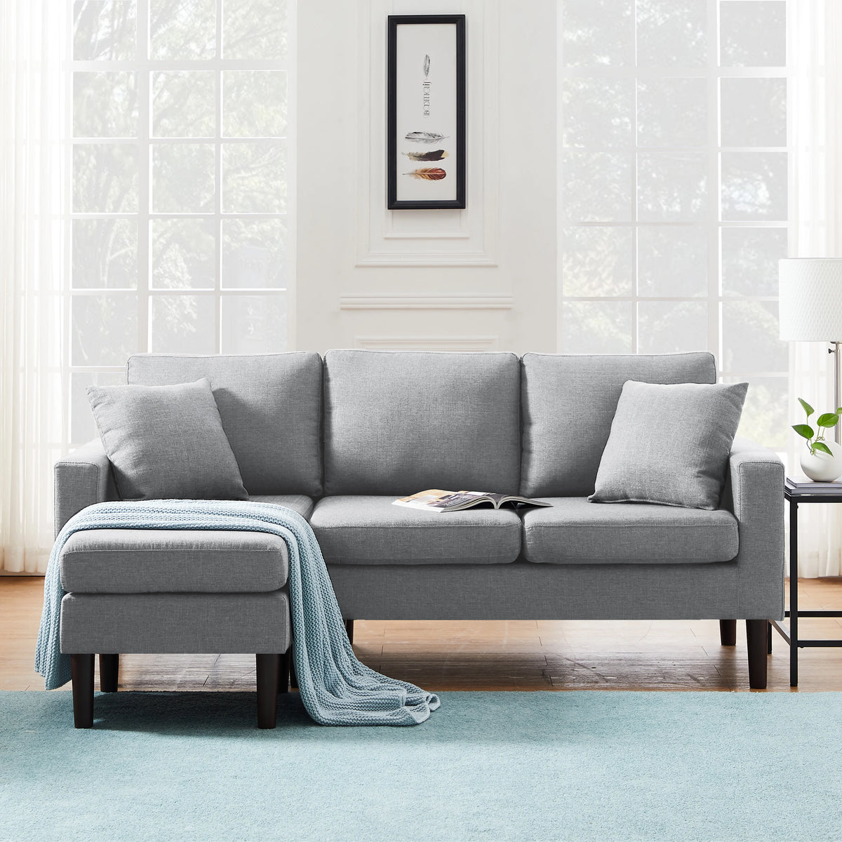 Light Grey L Shape Sectional Sofa with 2 Pillows D15719