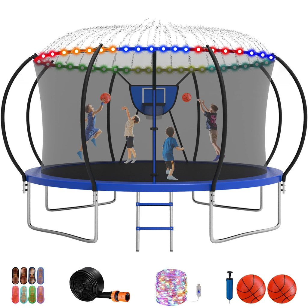 12FT 14FT Trampoline with Enclosure, Basketball Hoop, LED Light and Sprinkler K963