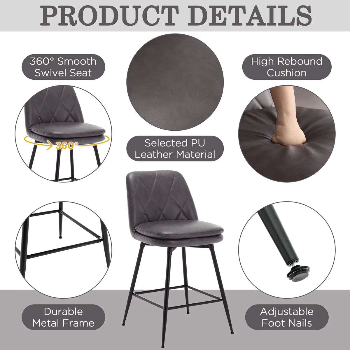 26" Swivel Counter Height Faux Leather Bar Stools Set of 4 Gray S7981