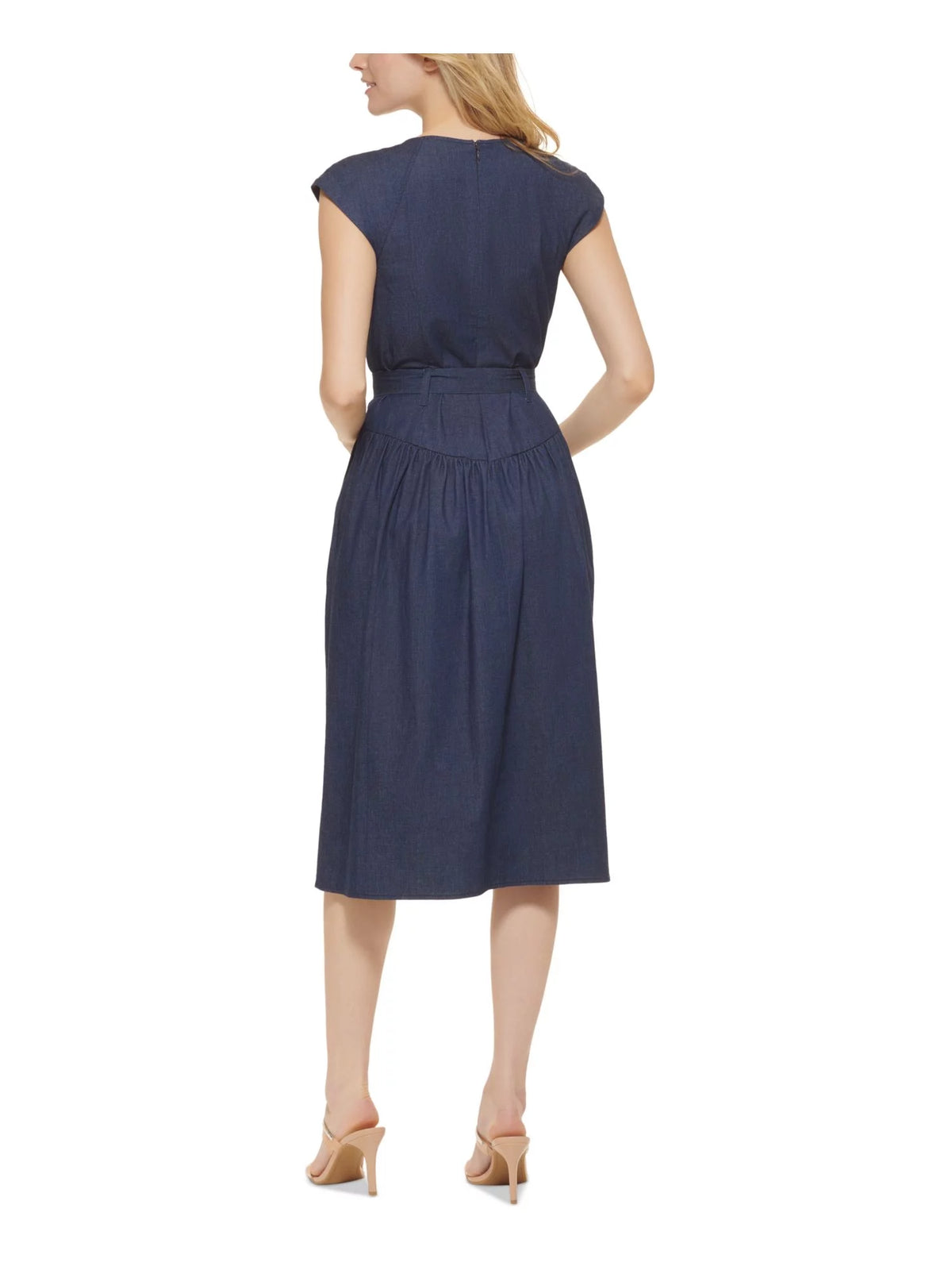 Navy Cap Sleeve V Neck Midi Fit + Flare Dress G67948