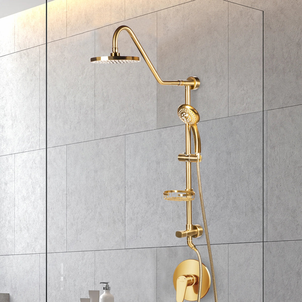 Brushed Gold 8" Rain Showerhead 5-Function Hand Shower Shower System U182439