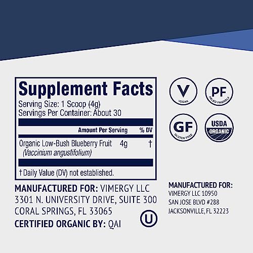USDA Organic Wild Blueberry Supplement Powder, 62 Servings (250g) W484