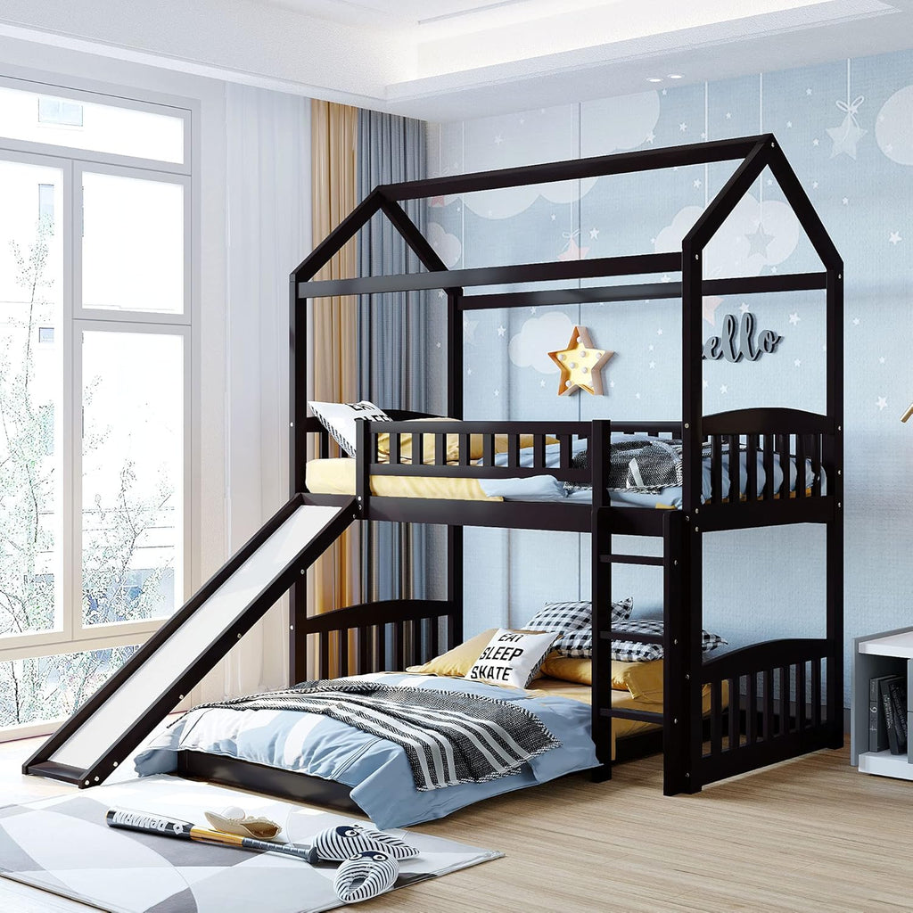 Twin Loft House Bed with 2 Drawers Staircase, Slide and Ladder J4423