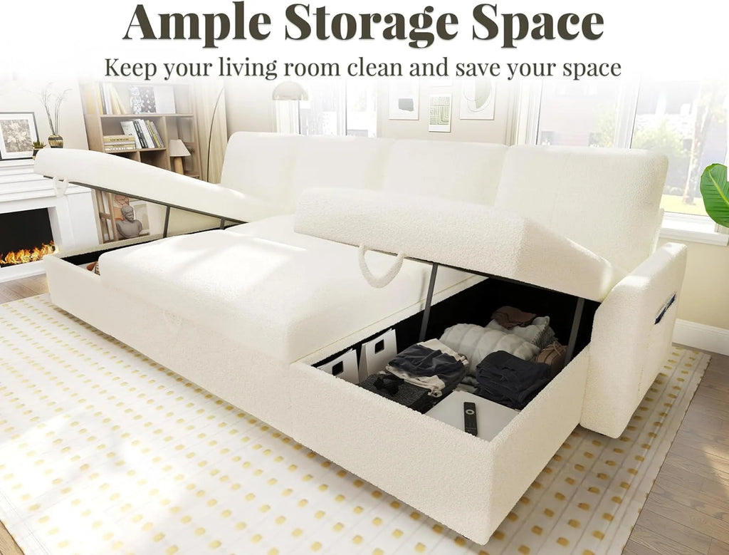 White Boucle Sleeper Sofa with 2 Storage Chaise O7682