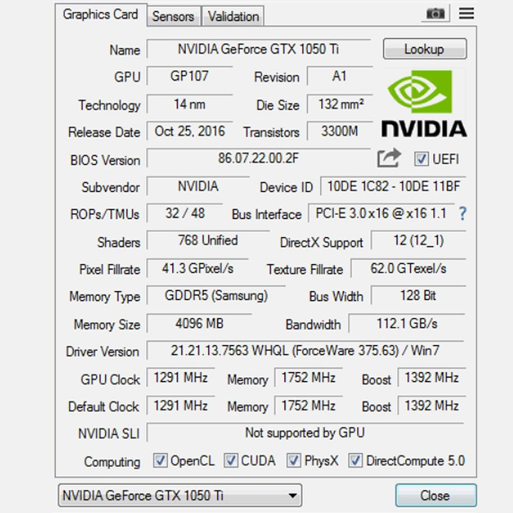 GTX 1050 Ti Graphics Card, 4GB, 128 Bits, GDDR5, Dual Fans, PCI Express x16 3.0 V4792
