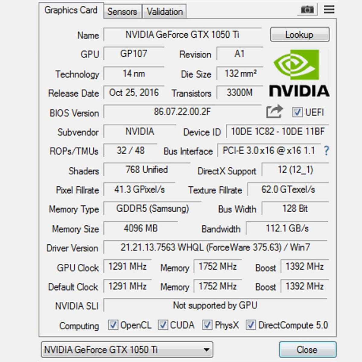 GTX 1050 Ti Graphics Card, 4GB, 128 Bits, GDDR5, Dual Fans, PCI Express x16 3.0 V4792