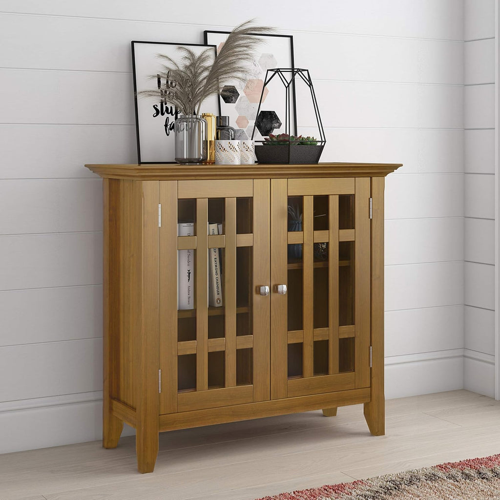 Solid Wood 32 inch Wide Low Storage Media Cabinet in Natural Aged Brown with 2 Tempered Glass Doors and 2 Adjustable Shelves B441037