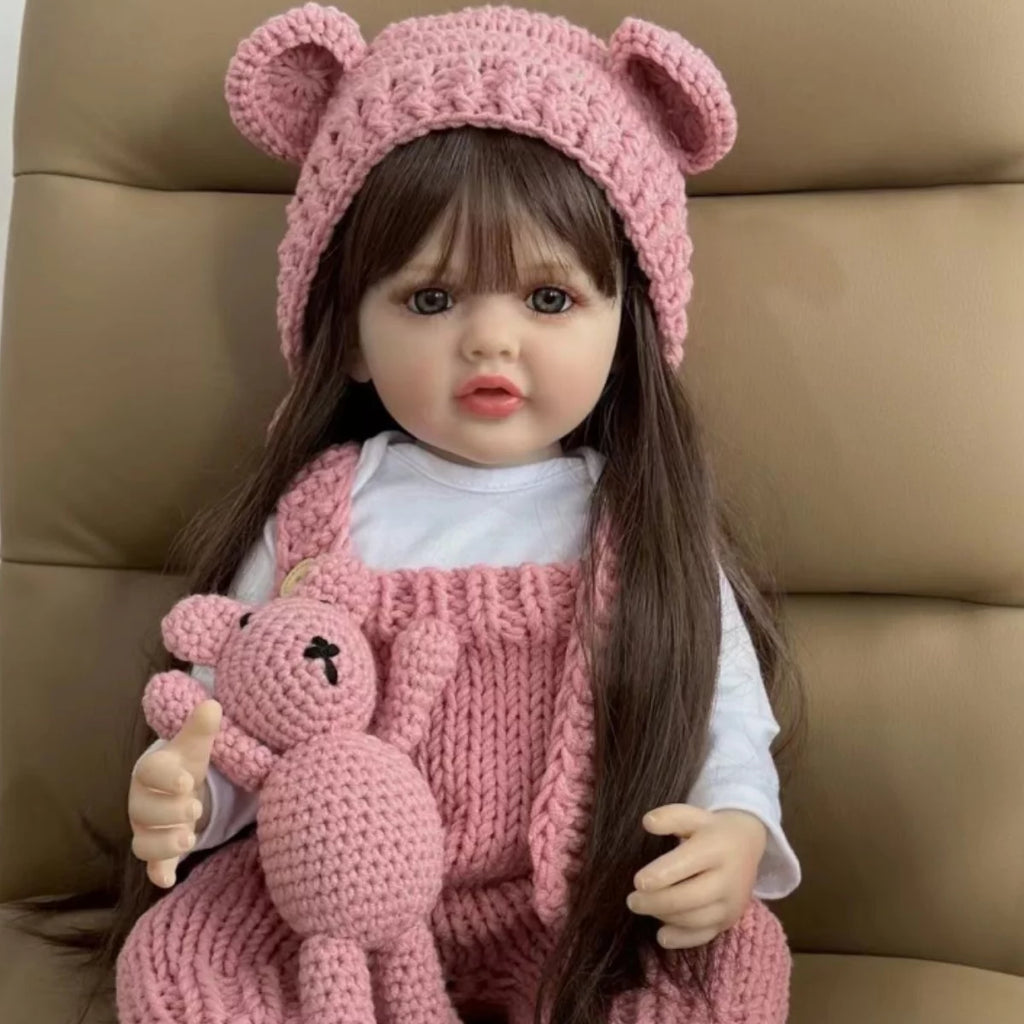 22 inch Soft Silicone Vinyl Reborn Baby Doll in Pink Knitted Clothes with Bear Toy A4534