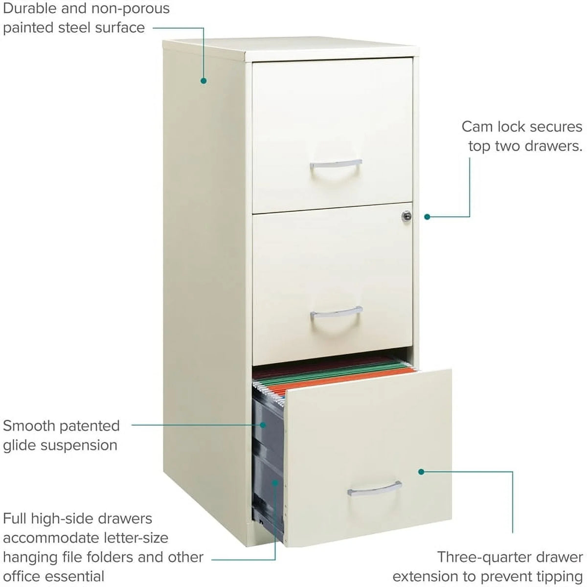 White 3 Drawer Metal File Cabinet with Lock Y4072