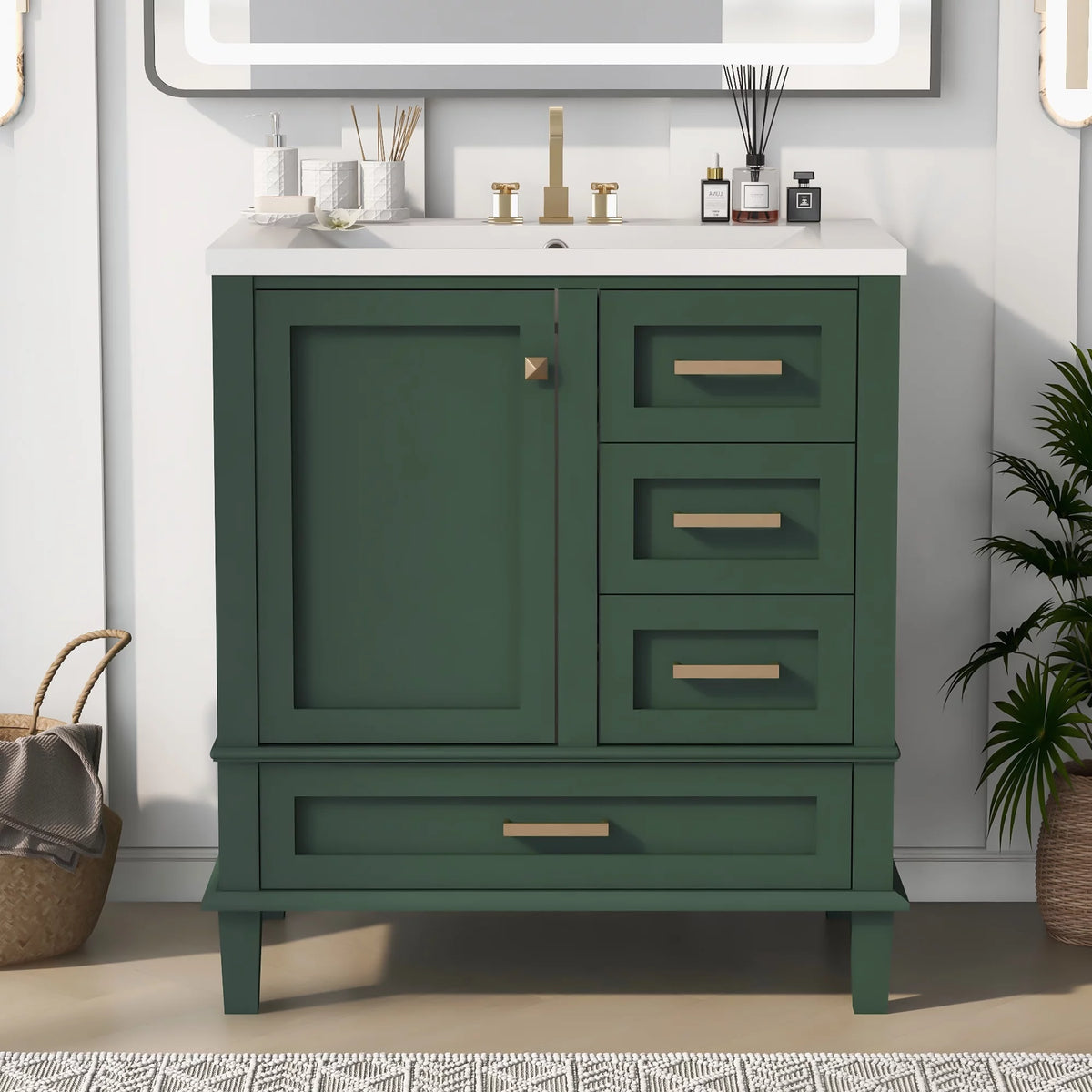 30" Green Solid Wood Bathroom Vanity with Top Basin and 3 Drawers E919172