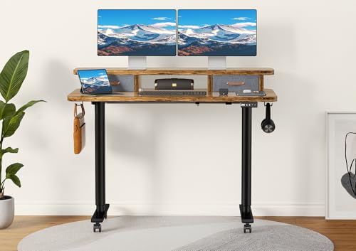 Rustic Brown Electric Standing Desk with Dual Drawers U9568