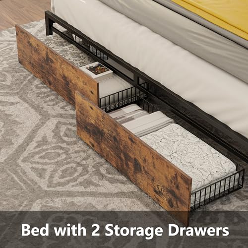 King Bed Frame with Storage Headboard, Platform Bed with Drawers and Charging Station, Vintage Brown Q76293