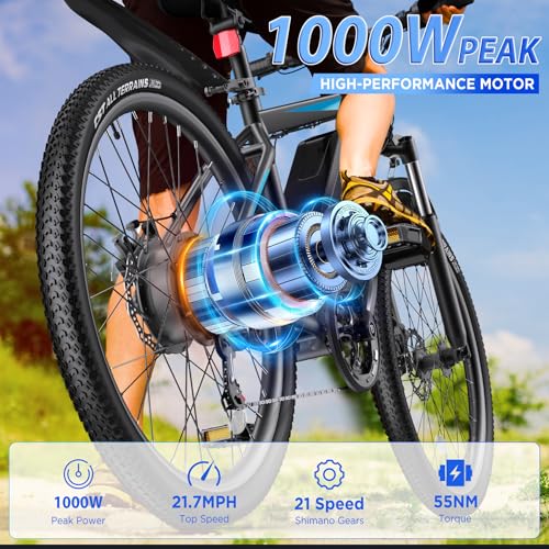 26'' 1000W Peak Electric Mountain Bike with 48V 374.4WH Removable Battery, 21-Speed P519038