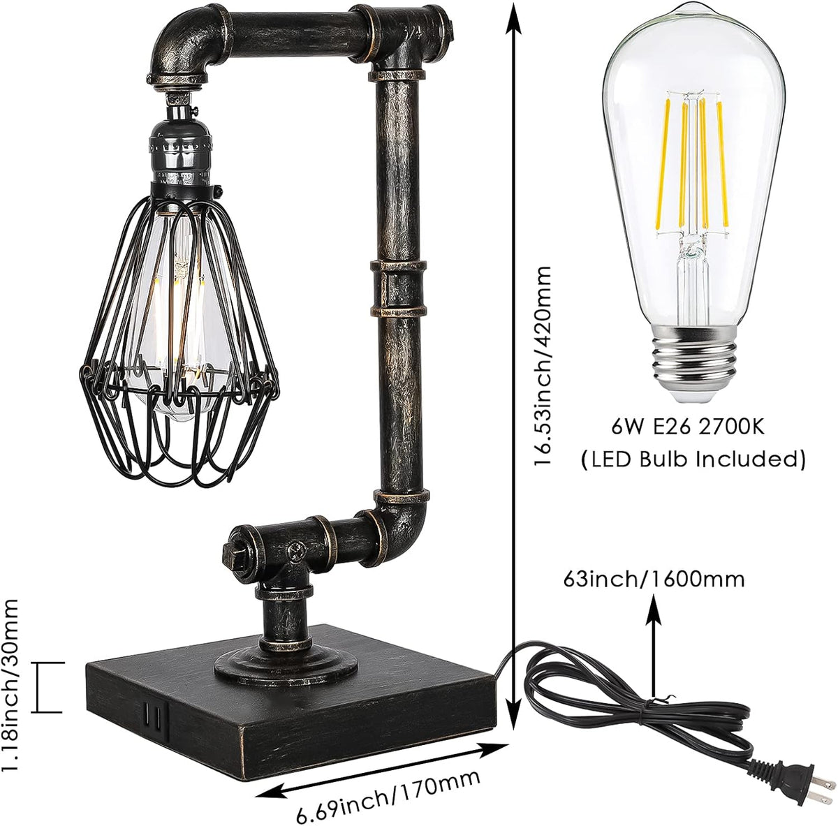 Industrial Touch Control Dimmable Table Lamp with USB Ports C26816