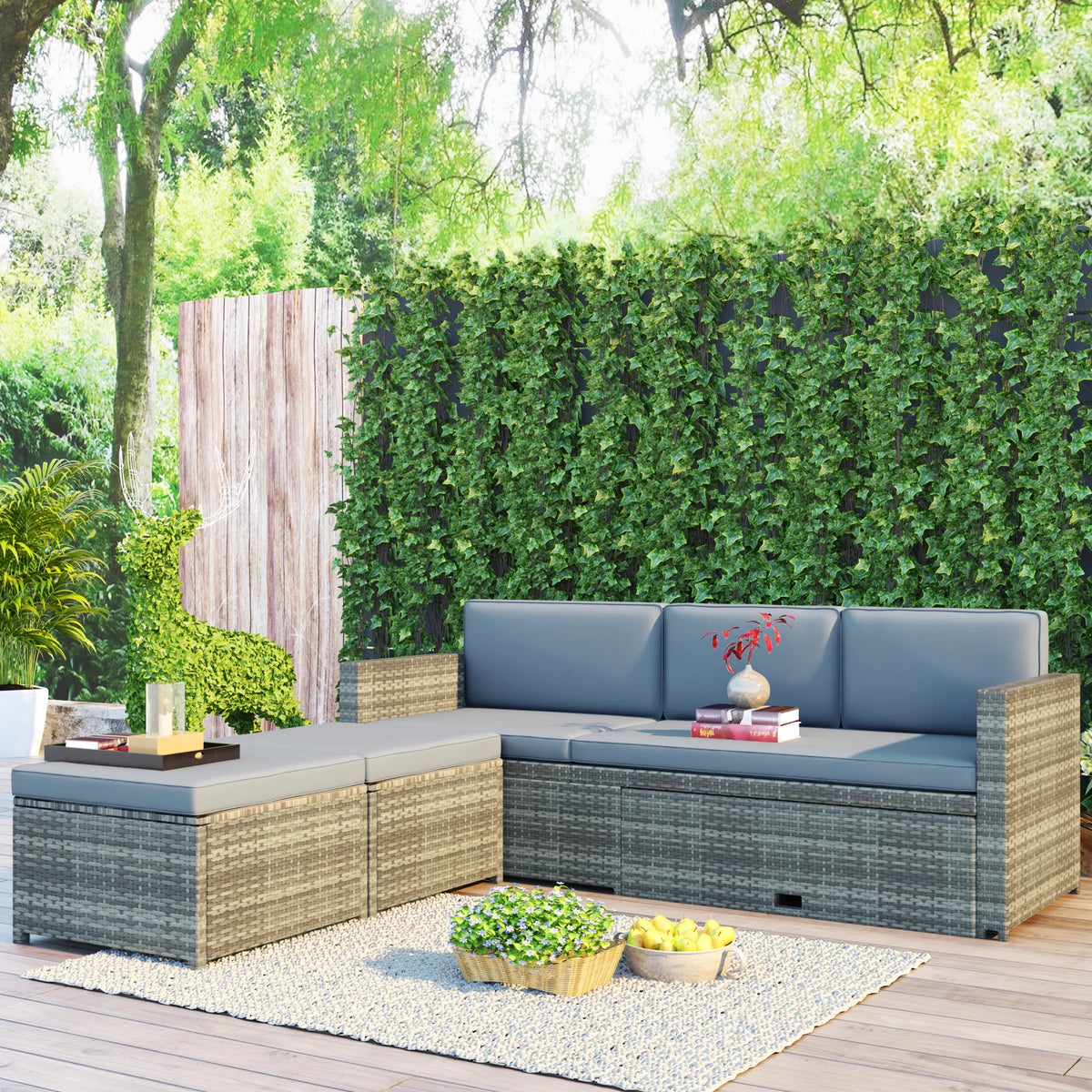 4-Piece All-Weather PE Wicker Patio Sectional Sofa Set with Retractable Table Y7983