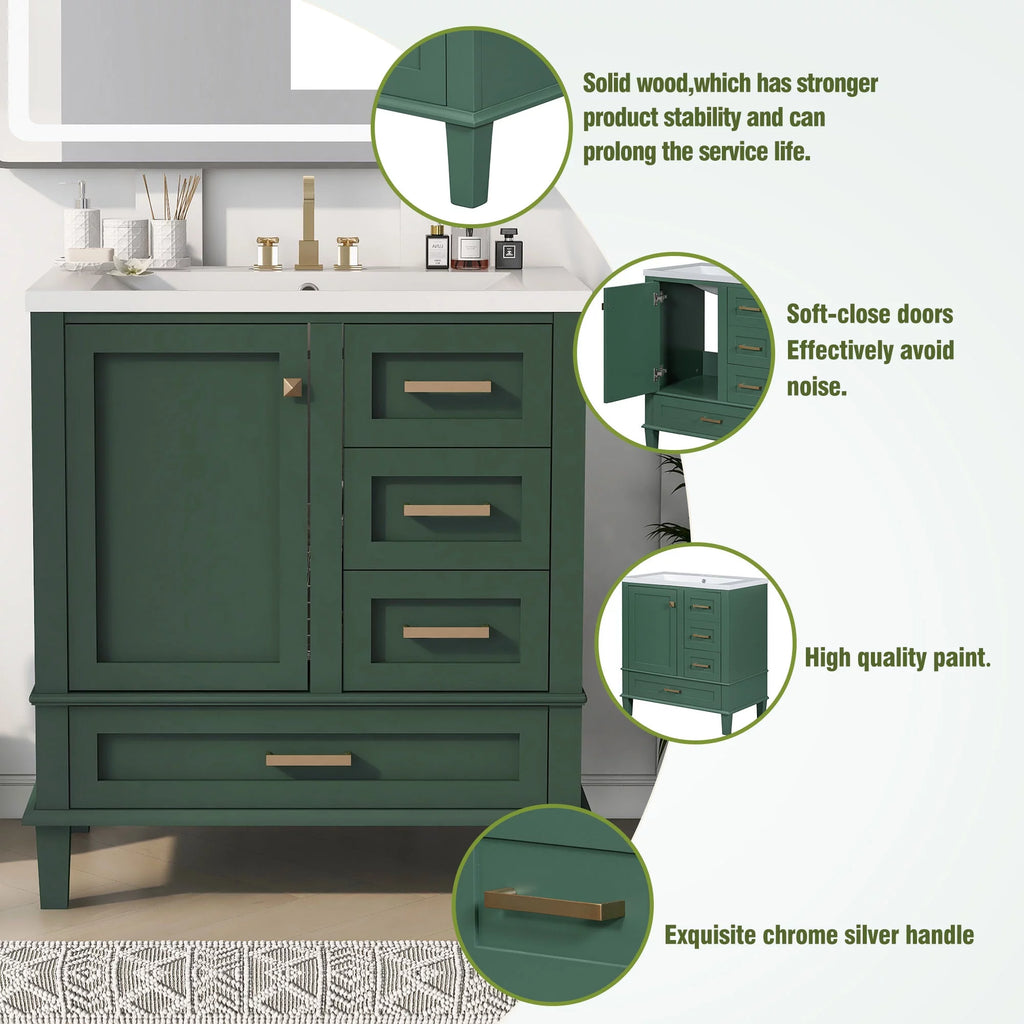 30" Green Solid Wood Bathroom Vanity with Top Basin and 3 Drawers E919172