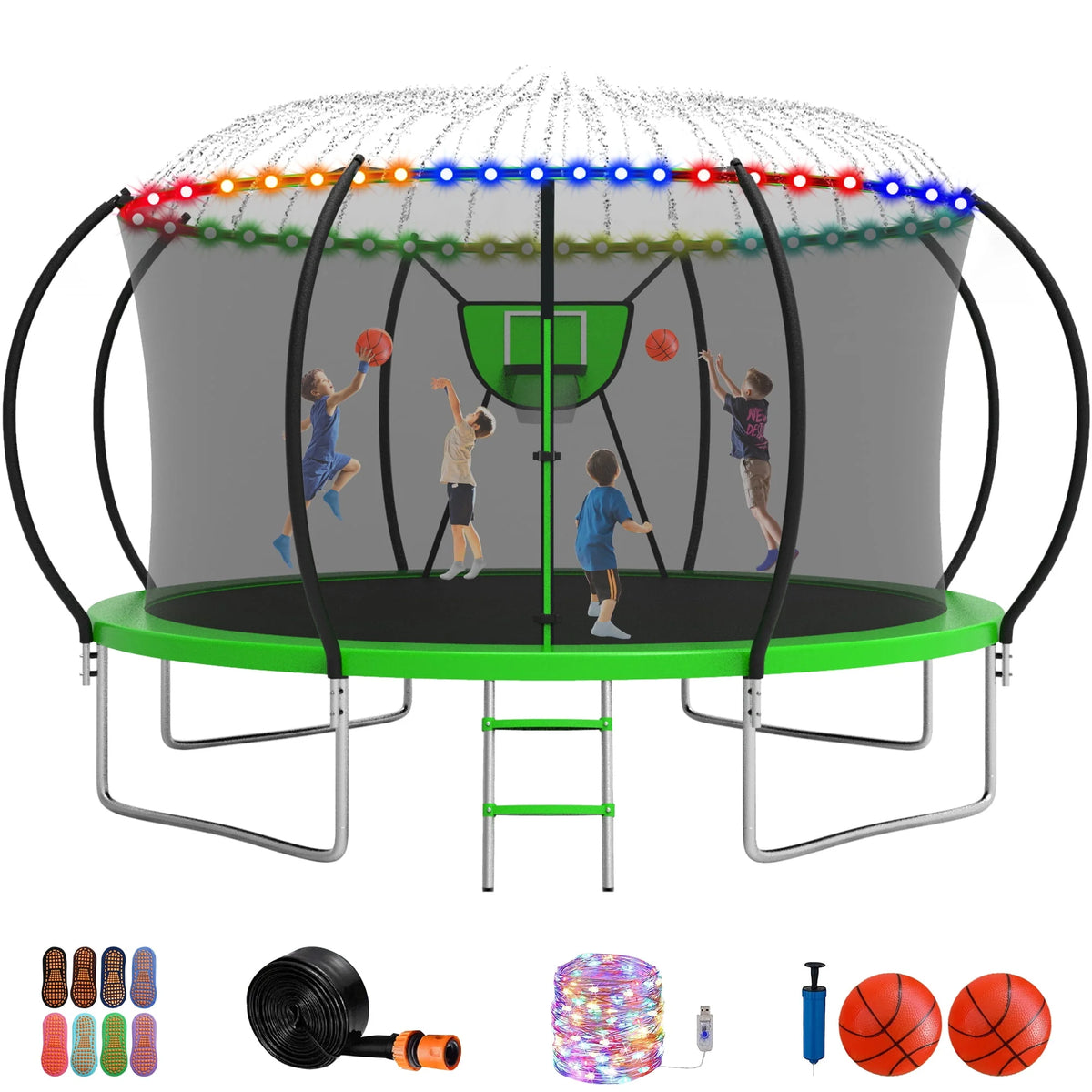 12FT 14FT Trampoline with Enclosure, Basketball Hoop, LED Light and Sprinkler K963