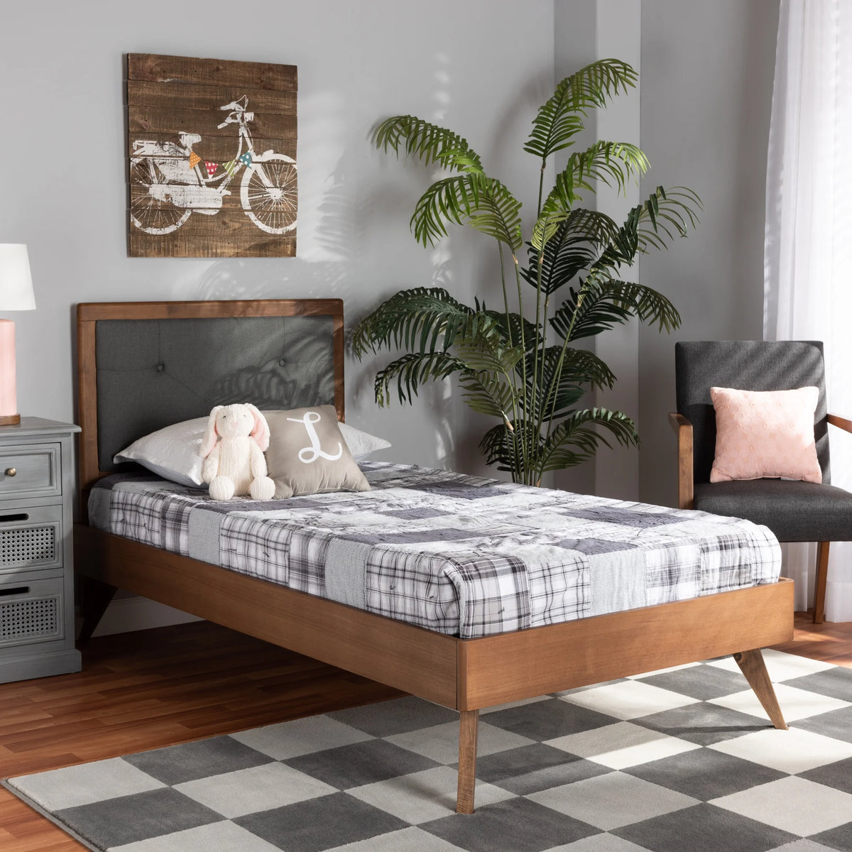 Dark Grey Fabric Upholstered Walnut Brown Wood Twin Size Platform Bed R437