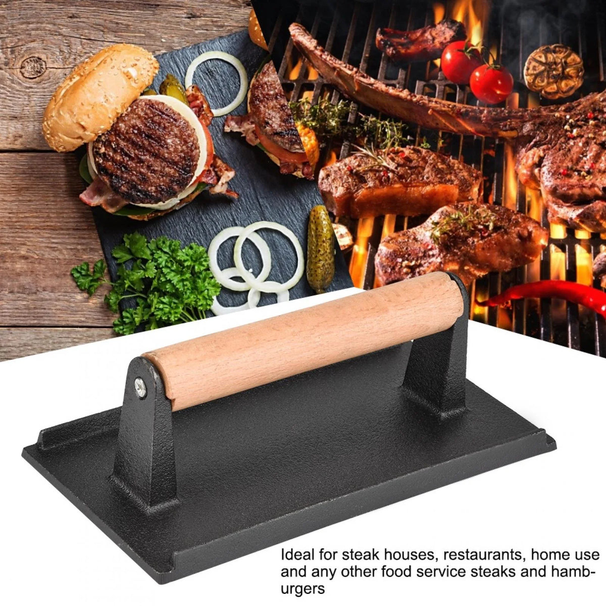 Commercial Cast Iron Steak Press with Wooden Handle V6340