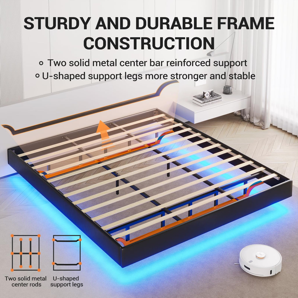 California King Floating LED Faux Leather Upholstered Platform Bed Frame A5324