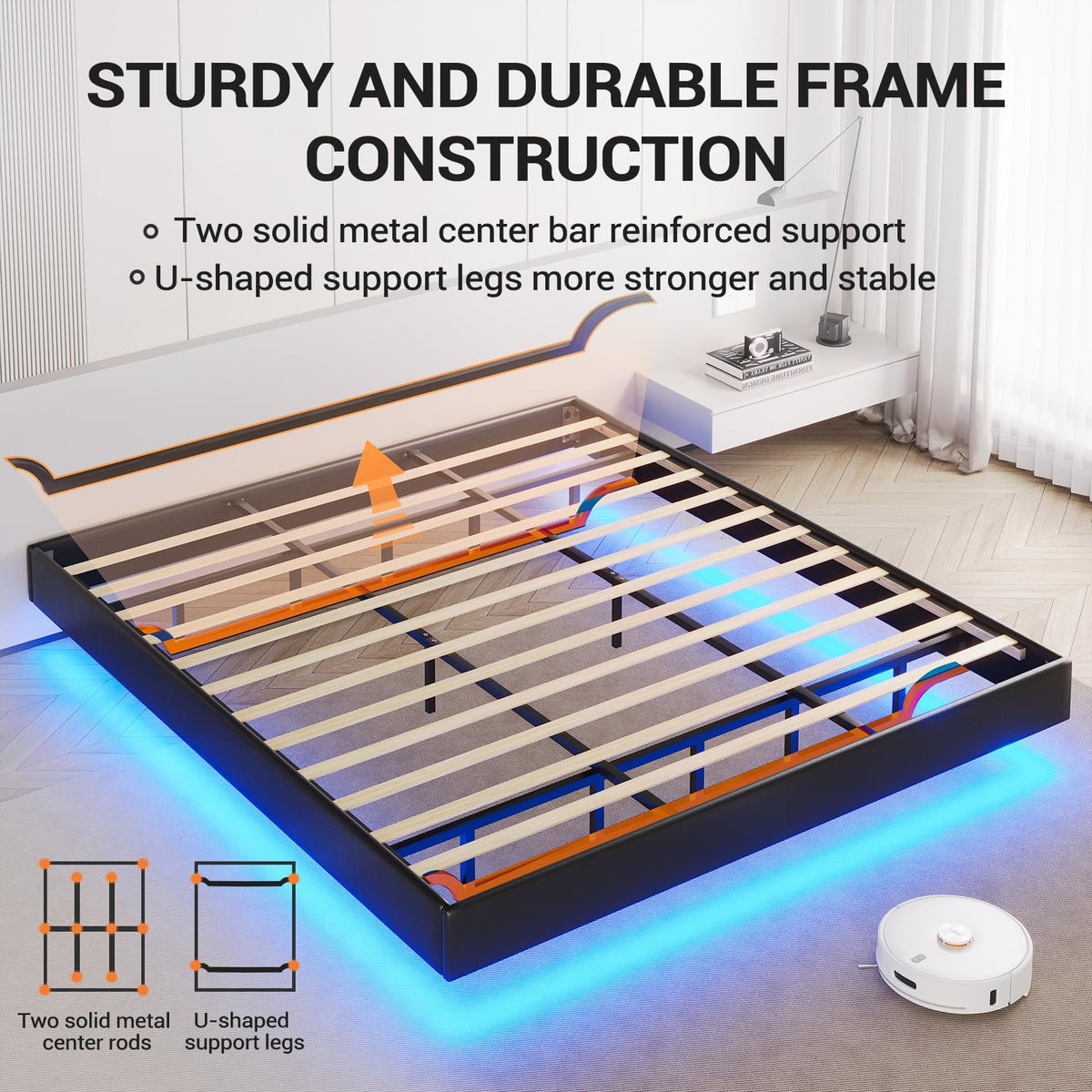 California King Floating LED Faux Leather Upholstered Platform Bed Frame A5324