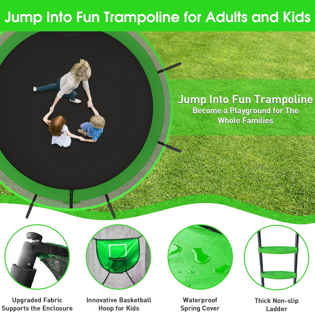 12FT 14FT Trampoline with Enclosure, Basketball Hoop, LED Light and Sprinkler K963