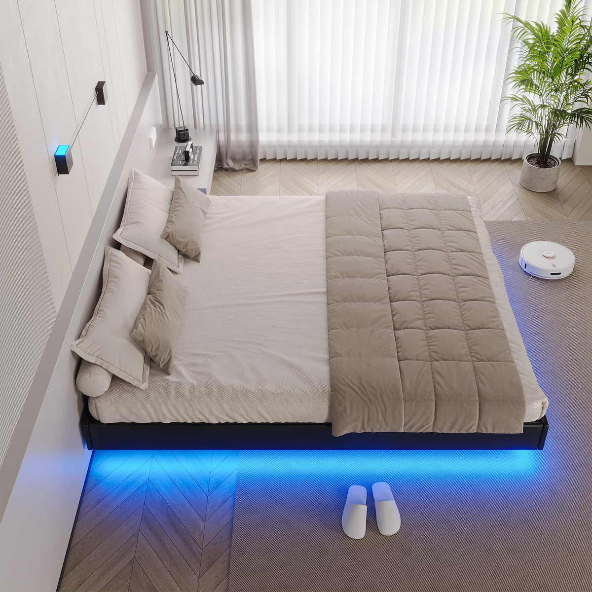 California King Floating LED Faux Leather Upholstered Platform Bed Frame A5324