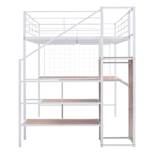 Black Full Size Loft Bed with Desk and Storage Stairs J8731