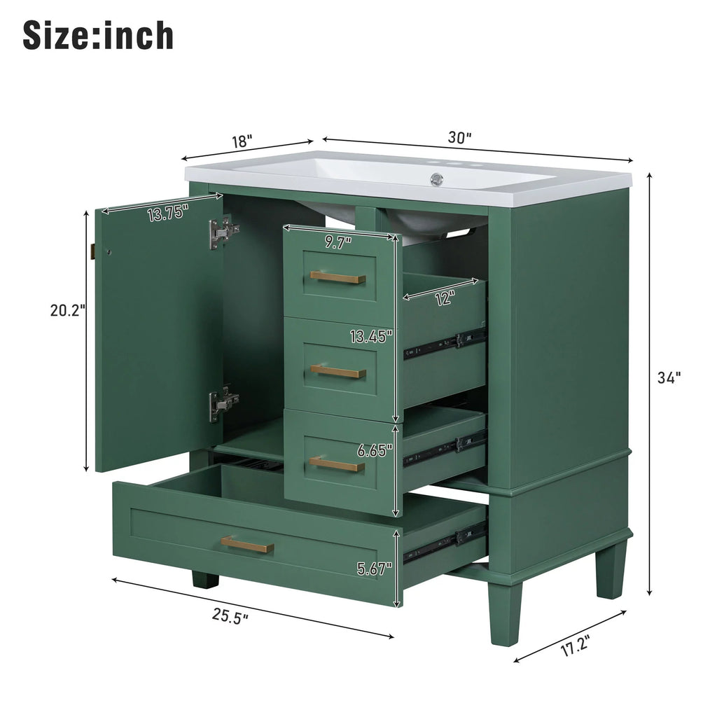 30" Green Solid Wood Bathroom Vanity with Top Basin and 3 Drawers E919172