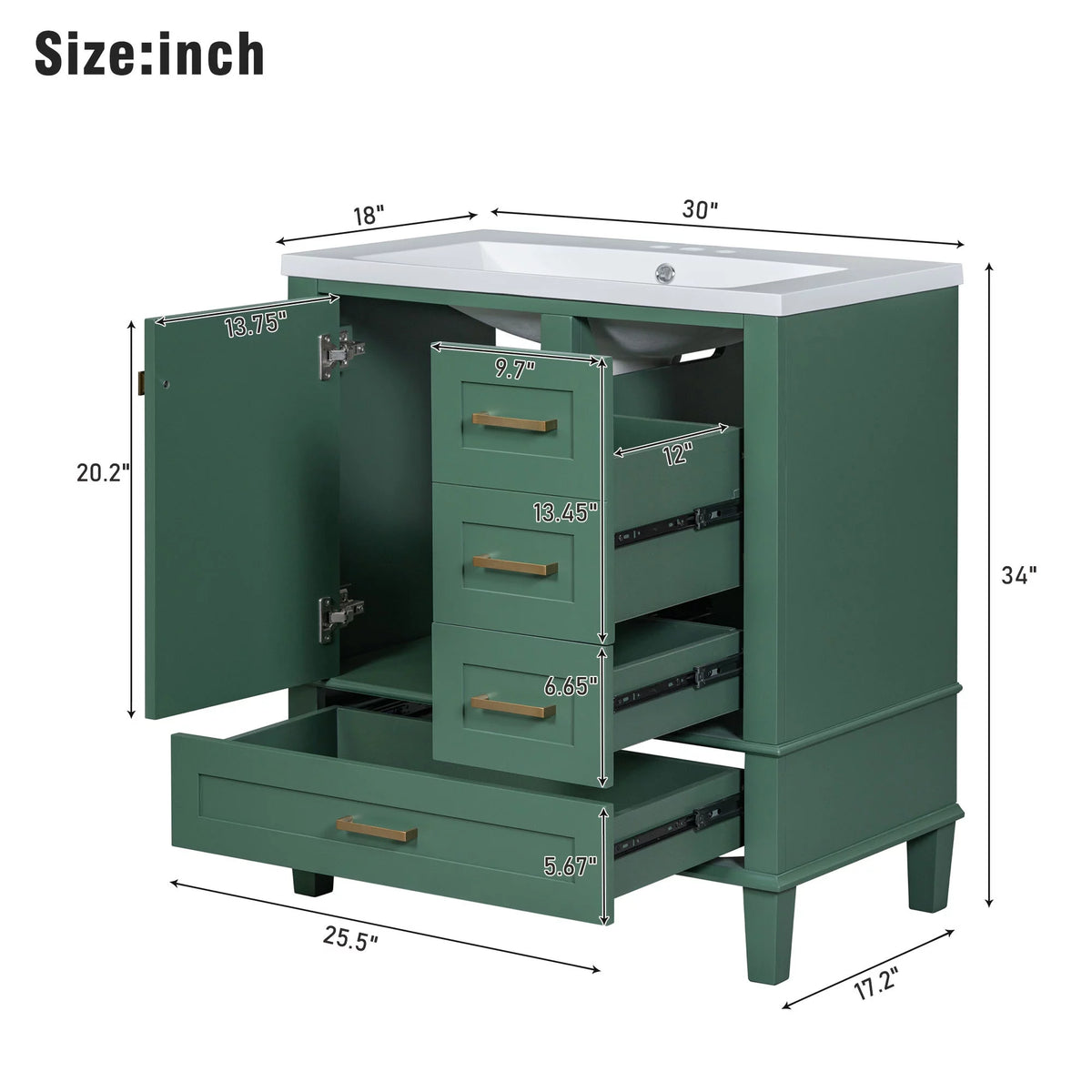 30" Green Solid Wood Bathroom Vanity with Top Basin and 3 Drawers E919172