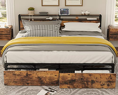 King Bed Frame with Storage Headboard, Platform Bed with Drawers and Charging Station, Vintage Brown Q76293