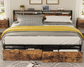 King Bed Frame with Storage Headboard, Platform Bed with Drawers and Charging Station, Vintage Brown Q76293