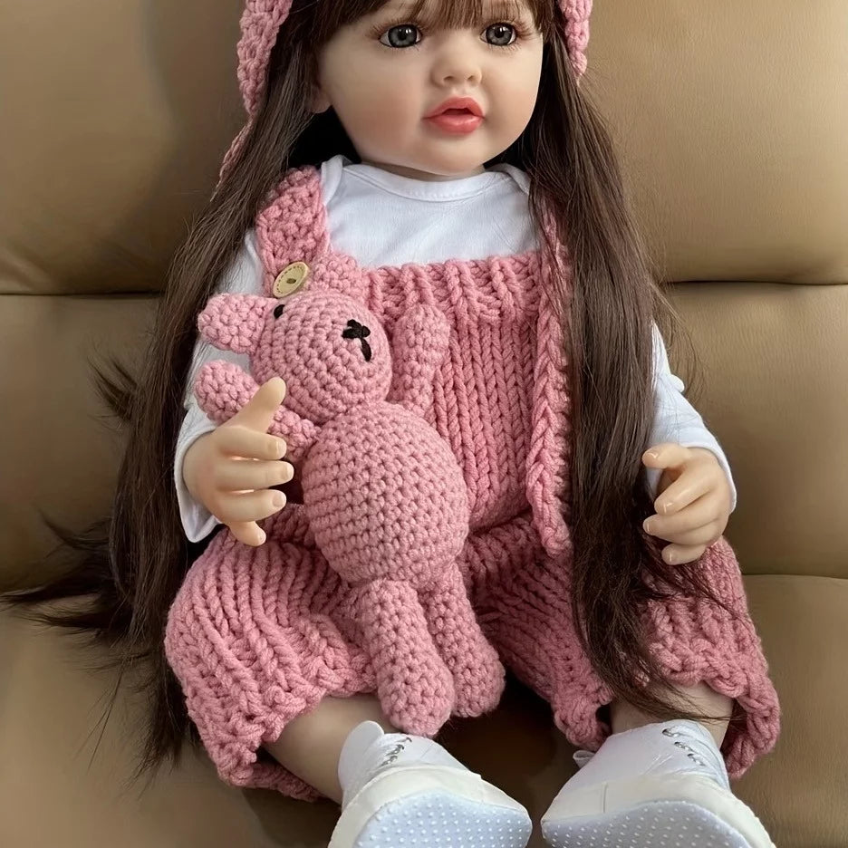 22 inch Soft Silicone Vinyl Reborn Baby Doll in Pink Knitted Clothes with Bear Toy A4534