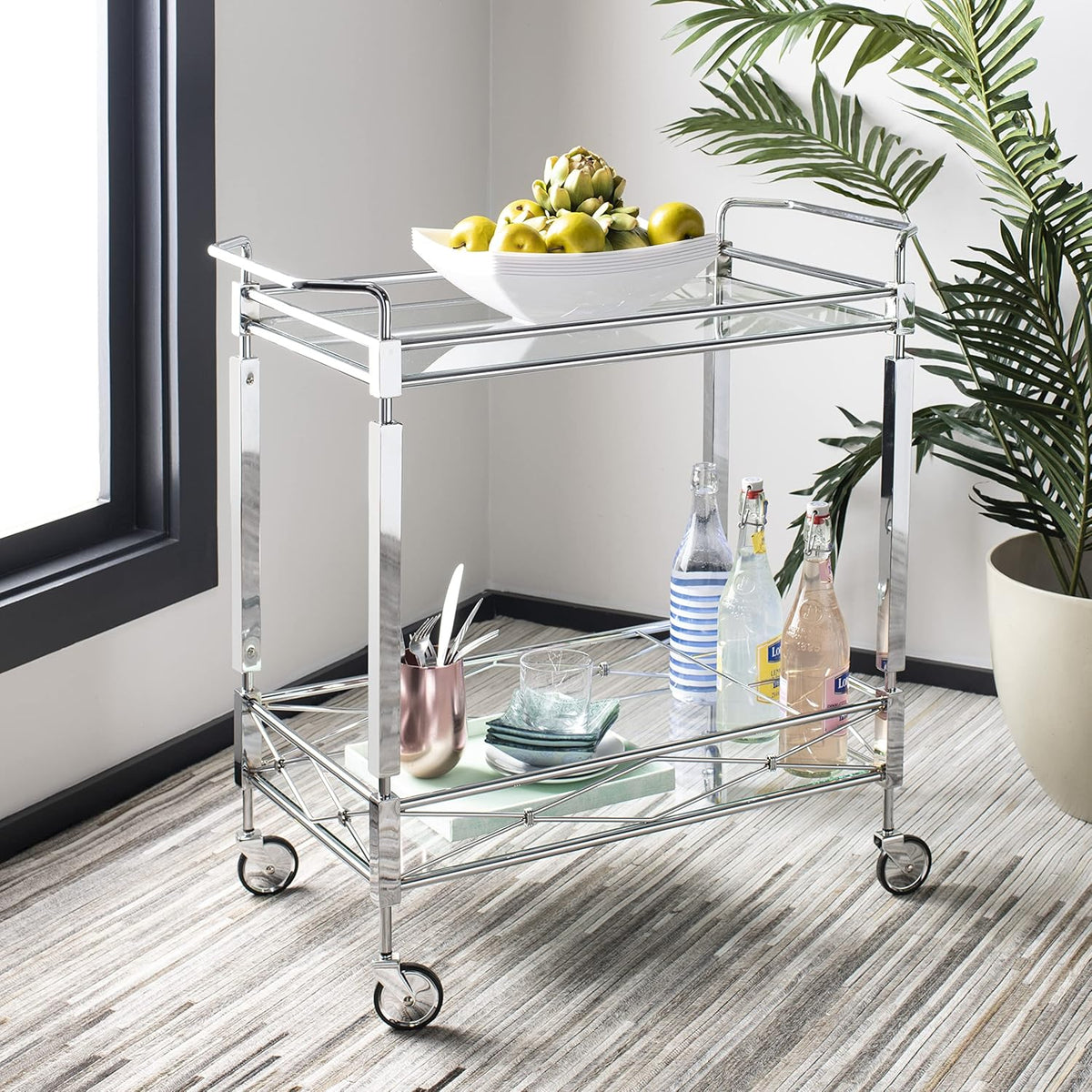 Chrome and Tempered Glass 2-Tier Bar Cart Y5666