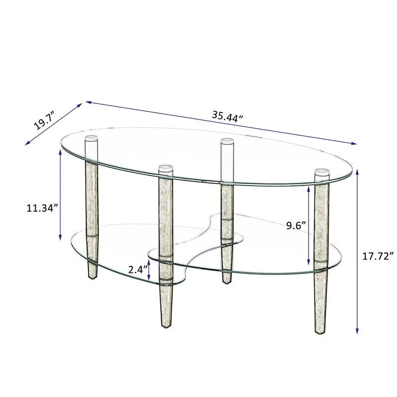 Oval 3-Tier Glass Coffee Table with Wood Leg E824