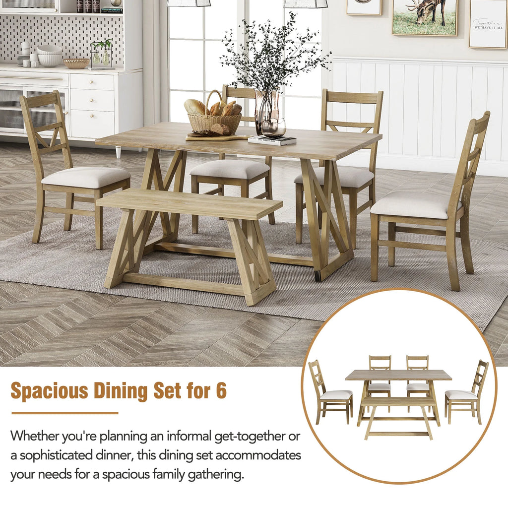 Farmhouse Wood Rectangular Dining Table with Cross Legs, 4 Upholstered Chairs and Bench D67586