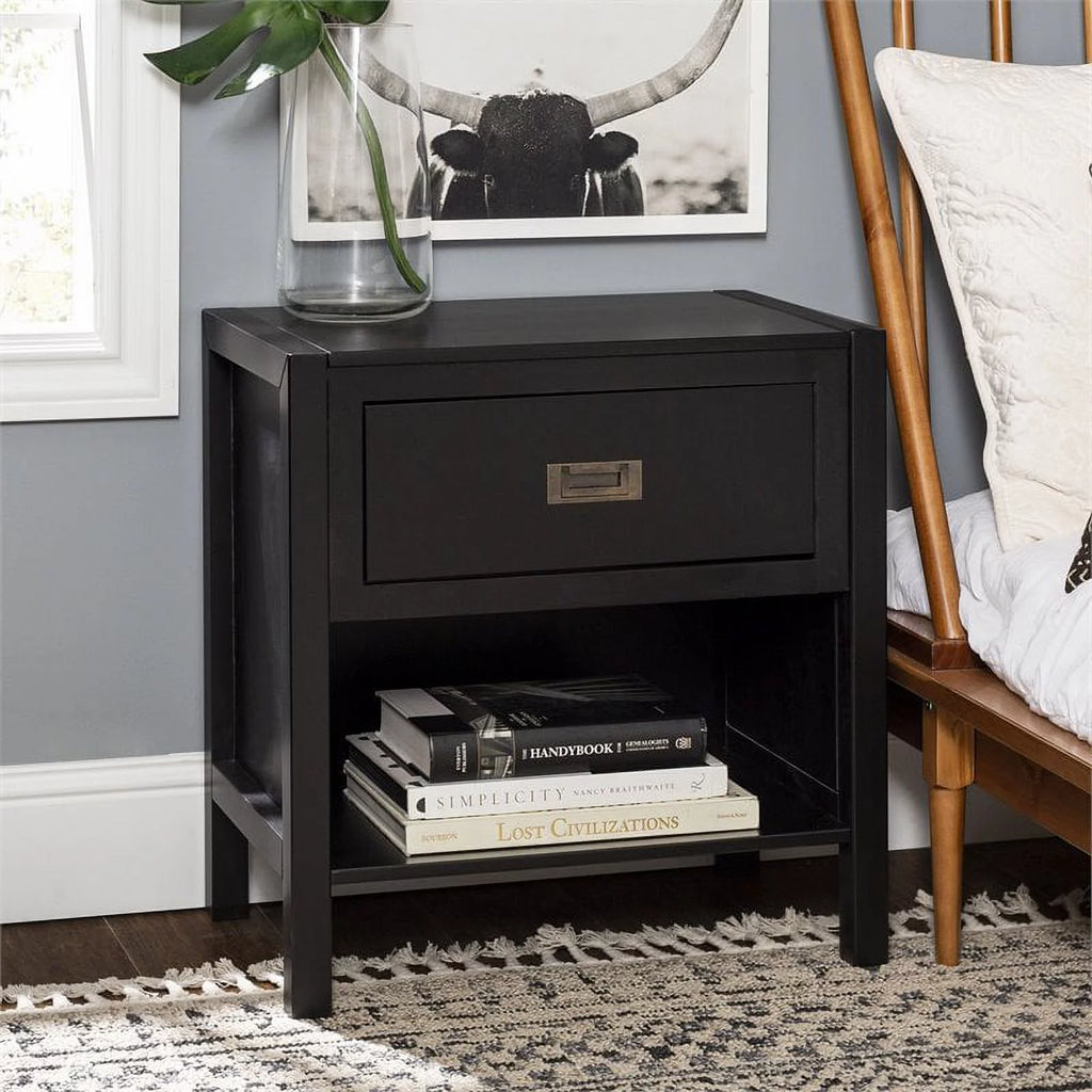 2-Piece 1-Drawer Solid Wood Nightstand Set in Black D80069