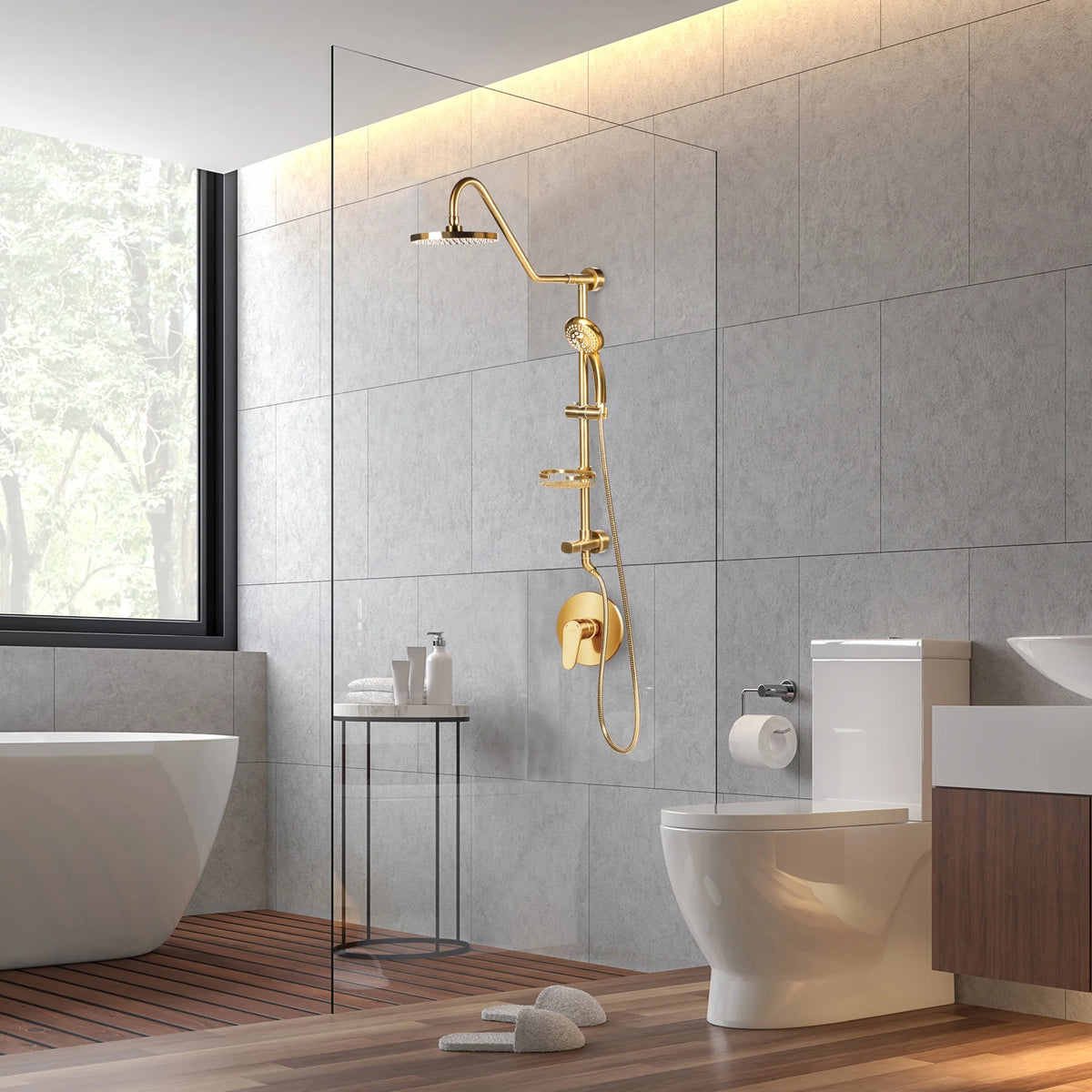 Brushed Gold 8" Rain Showerhead 5-Function Hand Shower Shower System U182439