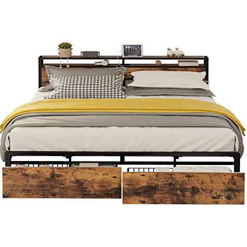 King Bed Frame with Storage Headboard, Platform Bed with Drawers and Charging Station, Vintage Brown Q76293